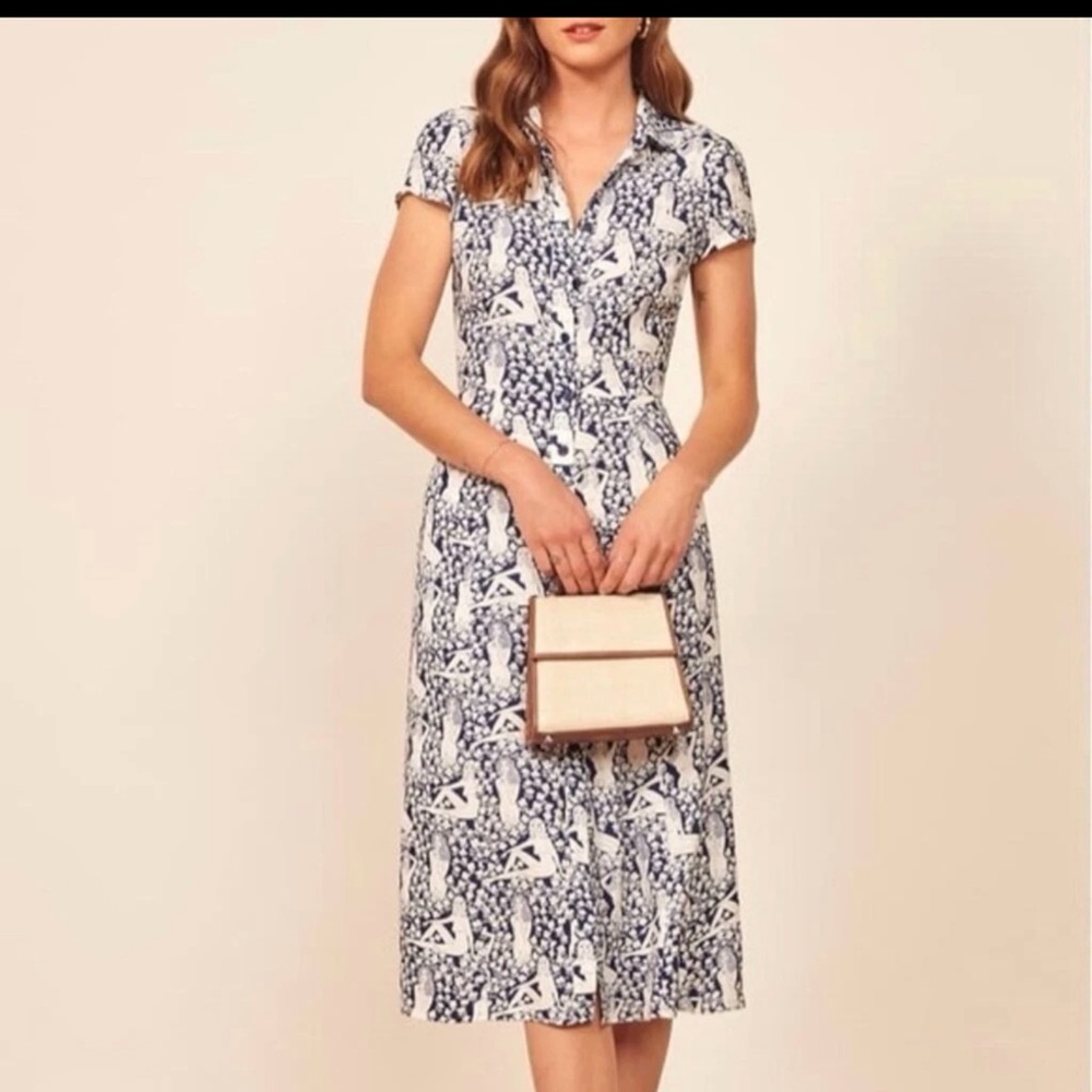 Reformation Wilma Dress AU NATURALE -2. Elegant Blue and White Patterned Dress